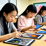 **Prompt:** A vibrant, modern art classroom scene. Students are experimenting with diverse materials (ink, digital tablets) to create artwork that blends traditional Chinese ink wash painting with abstract expressionism. Focus on the energy and creativity, highlighting individual expression and innovative techniques.