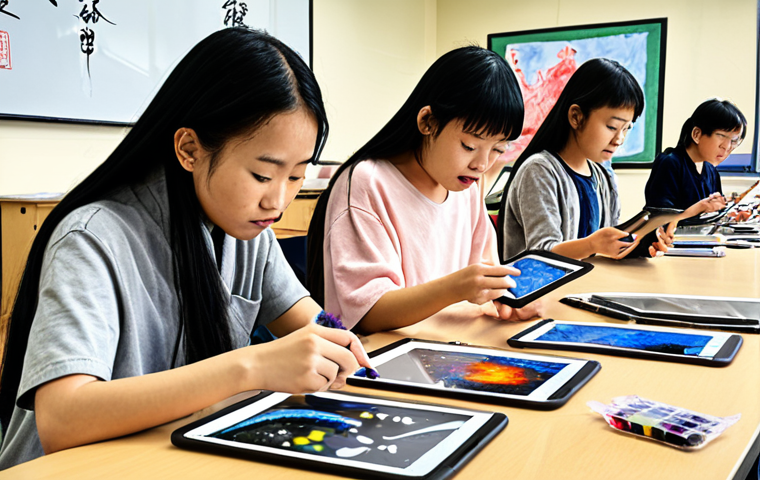 **Prompt:** A vibrant, modern art classroom scene. Students are experimenting with diverse materials (ink, digital tablets) to create artwork that blends traditional Chinese ink wash painting with abstract expressionism. Focus on the energy and creativity, highlighting individual expression and innovative techniques.