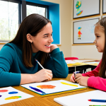 A professional female art teacher, fully clothed in modest, appropriate attire, kneels at eye level, engaging in a gentle conversation with a diverse elementary school student about their colorful drawing. Around them, other children, fully clothed in comfortable, age-appropriate outfits, are deeply immersed in their own creative art activities at tables, using paints, crayons, and paper. The art classroom is bright, filled with natural light from large windows, and features vibrant, family-friendly student artworks displayed on the walls. The atmosphere is warm, supportive, and collaborative. Safe for work, appropriate content, fully clothed, professional. Perfect anatomy, correct proportions, natural pose, well-formed hands, proper finger count, natural body proportions, professional photography, high quality.