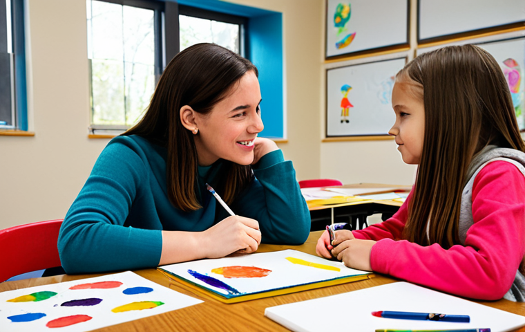 A professional female art teacher, fully clothed in modest, appropriate attire, kneels at eye level, engaging in a gentle conversation with a diverse elementary school student about their colorful drawing. Around them, other children, fully clothed in comfortable, age-appropriate outfits, are deeply immersed in their own creative art activities at tables, using paints, crayons, and paper. The art classroom is bright, filled with natural light from large windows, and features vibrant, family-friendly student artworks displayed on the walls. The atmosphere is warm, supportive, and collaborative. Safe for work, appropriate content, fully clothed, professional. Perfect anatomy, correct proportions, natural pose, well-formed hands, proper finger count, natural body proportions, professional photography, high quality.