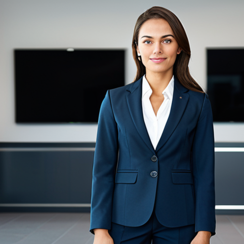 **Prompt:** A professional businesswoman in a modest business suit, standing confidently in a modern office lobby, fully clothed, appropriate attire, safe for work, perfect anatomy, natural proportions, professional photography, high quality.