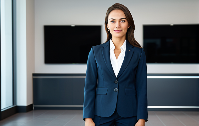 **Prompt:** A professional businesswoman in a modest business suit, standing confidently in a modern office lobby, fully clothed, appropriate attire, safe for work, perfect anatomy, natural proportions, professional photography, high quality.