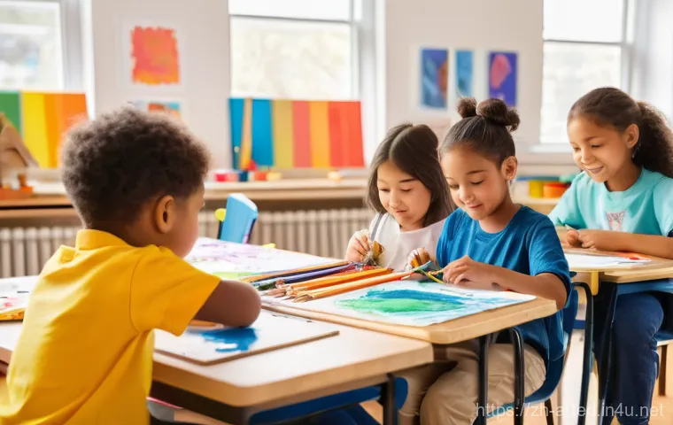미술교육사 창업 사례 - **Vibrant Children's Art Class:** A group of diverse elementary school children, aged 6-9, actively ...