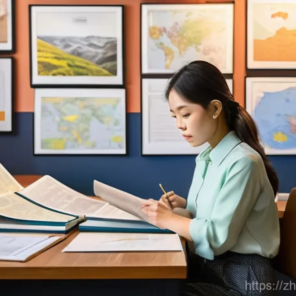 미술교육사 자격증 해외 인증 과정 - A focused young Asian woman, in her late twenties, wearing a smart casual blouse and trousers, sits ...