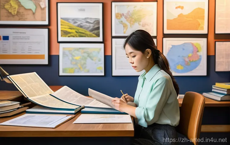 미술교육사 자격증 해외 인증 과정 - A focused young Asian woman, in her late twenties, wearing a smart casual blouse and trousers, sits ...