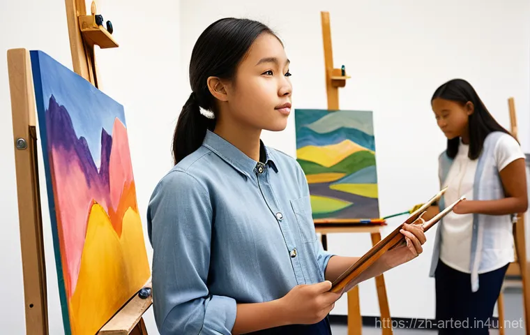 미술교육사 자격증 해외 인증 과정 - A focused young Asian woman, in her late twenties, wearing a smart casual blouse and trousers, sits ... 미술교육사 자격증 해외 인증 과정 - A focused young Asian woman, in her late twenties, wearing a smart casual blouse and trousers, sits ...