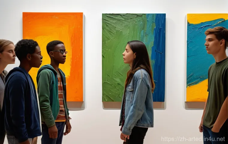 미술교육사 예술 작품 분석 기법 - A thoughtfully composed, high-definition photograph of a young, diverse group of students, fully clo...