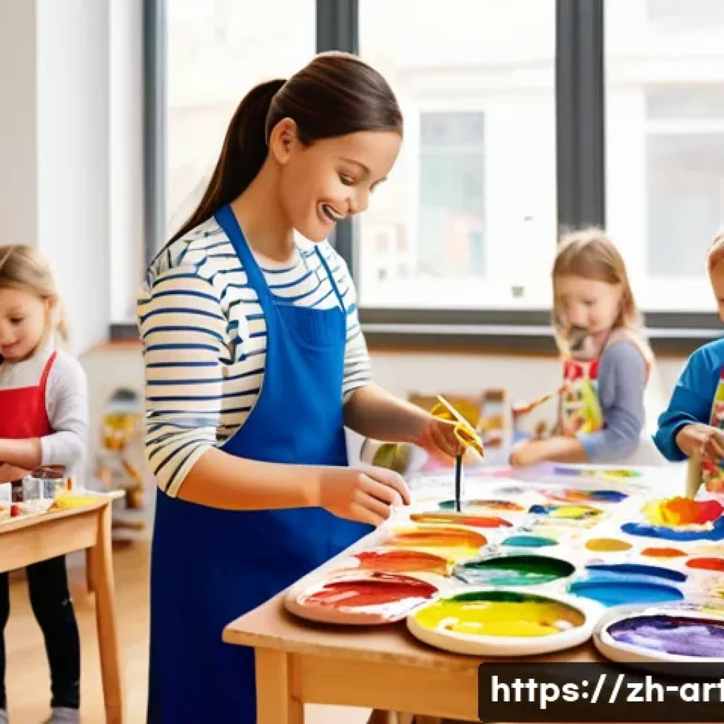 미술교육사 연봉 협상 실패 사례 - **Prompt:** A brightly lit, inviting art studio filled with young children (ages 5-7) wearing colorf...