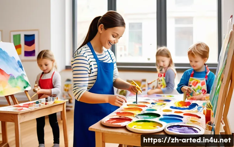 미술교육사 연봉 협상 실패 사례 - **Prompt:** A brightly lit, inviting art studio filled with young children (ages 5-7) wearing colorf...