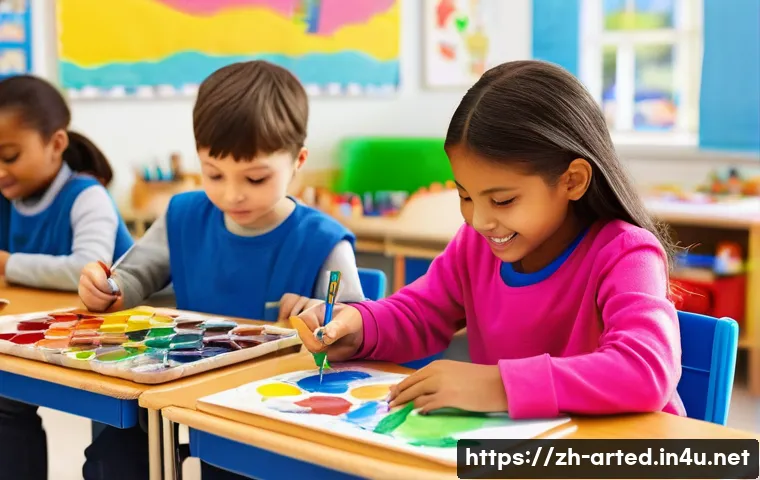 미술교육사 자격증 취득 후 커리어 - **Vibrant Elementary Art Class: A Young Teacher Guiding Creativity**
    Prompt: A bright, sunlit el...