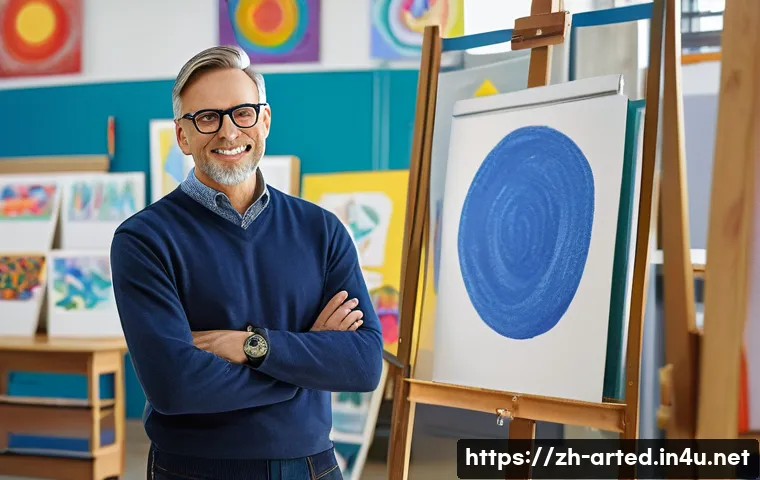 미술교육사와 관련된 법적 자격요건 - A professional art educator in a modern classroom setting, wearing smart casual clothes and eyeglass...
