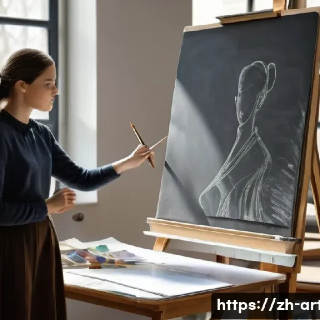 미술교육사 실기 시험 준비법 - A detailed and realistic classroom scene where a young adult art teacher in modest, neat clothing is...