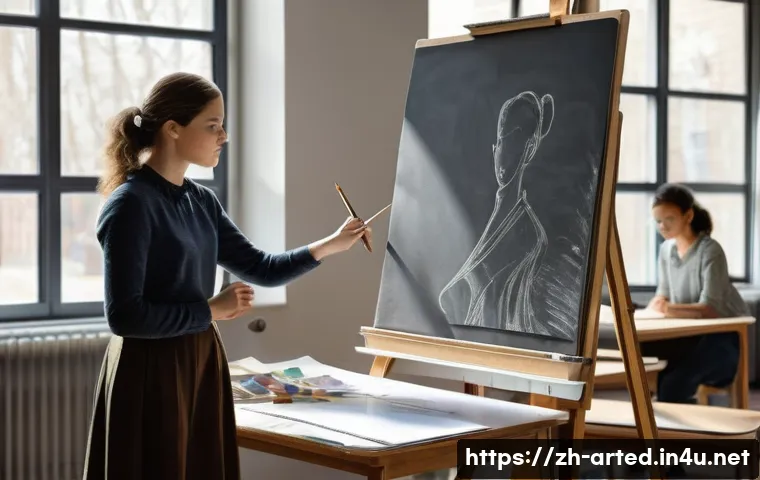 미술교육사 실기 시험 준비법 - A detailed and realistic classroom scene where a young adult art teacher in modest, neat clothing is...