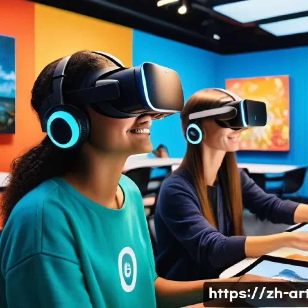 미술교육사 온라인 강의 트렌드 - A modern online art classroom scene featuring diverse students using virtual reality headsets and au...