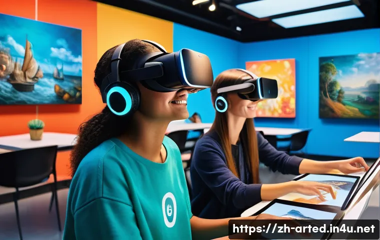 미술교육사 온라인 강의 트렌드 - A modern online art classroom scene featuring diverse students using virtual reality headsets and au...