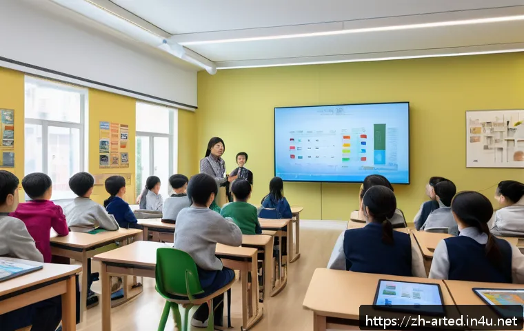 미술교육사 수업 준비 과정 - A detailed classroom scene set in a modern art education history lecture, featuring a diverse group ...
