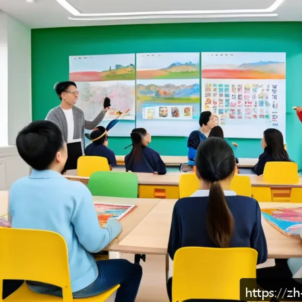 미술교육사로서의 워라밸 유지 - A modern art classroom scene showing a diverse group of students actively engaging in a creative gro...