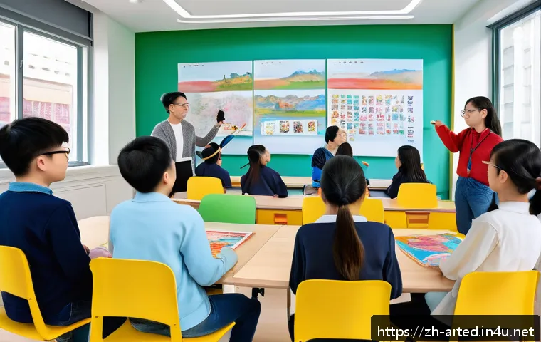 미술교육사로서의 워라밸 유지 - A modern art classroom scene showing a diverse group of students actively engaging in a creative gro...