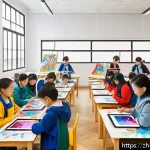 미술교육사 필수 이론 공부법 - A modern art classroom scene showing diverse students actively engaged in a collaborative painting p...