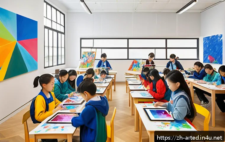 미술교육사 필수 이론 공부법 - A modern art classroom scene showing diverse students actively engaged in a collaborative painting p...