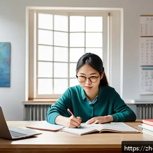 미술교육사 자격증 단기 합격 노하우 - A focused study scene featuring a young adult Asian student sitting at a tidy desk in a modern, brig...
