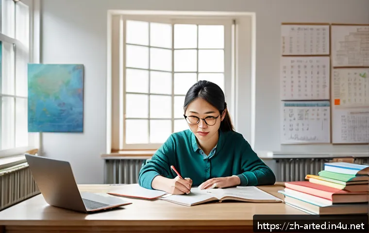 미술교육사 자격증 단기 합격 노하우 - A focused study scene featuring a young adult Asian student sitting at a tidy desk in a modern, brig...
