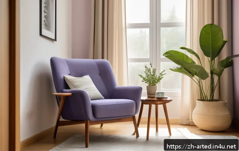 미술교육사 직업 스트레스 관리법 - A cozy personal art studio corner featuring a modern minimalist design with a comfortable armchair, ...