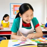 미술교육사 실습생으로 살아보기 - A bright and lively elementary school art classroom scene featuring a young female art teacher in ca...