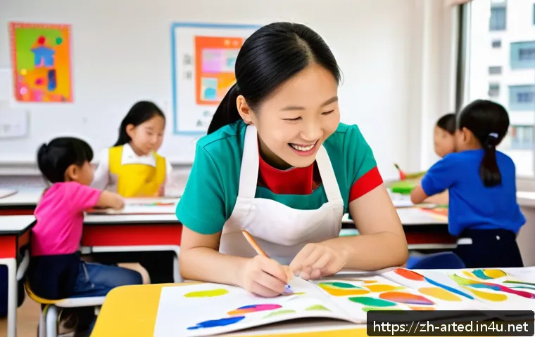 미술교육사 실습생으로 살아보기 - A bright and lively elementary school art classroom scene featuring a young female art teacher in ca...