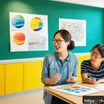 미술교육사 면접 질문과 답변 - A modern art classroom scene with a passionate female art teacher in her 30s wearing professional bu...