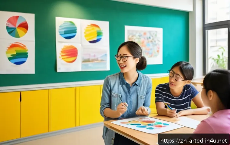 미술교육사 면접 질문과 답변 - A modern art classroom scene with a passionate female art teacher in her 30s wearing professional bu...